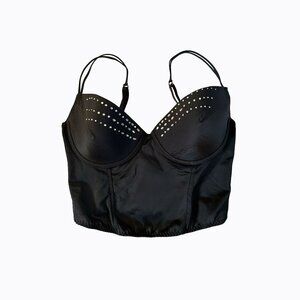 Vintage Black Satin Bustier Corset Bra 38C Studded Rockabilly Crop Top Y2K Pinup